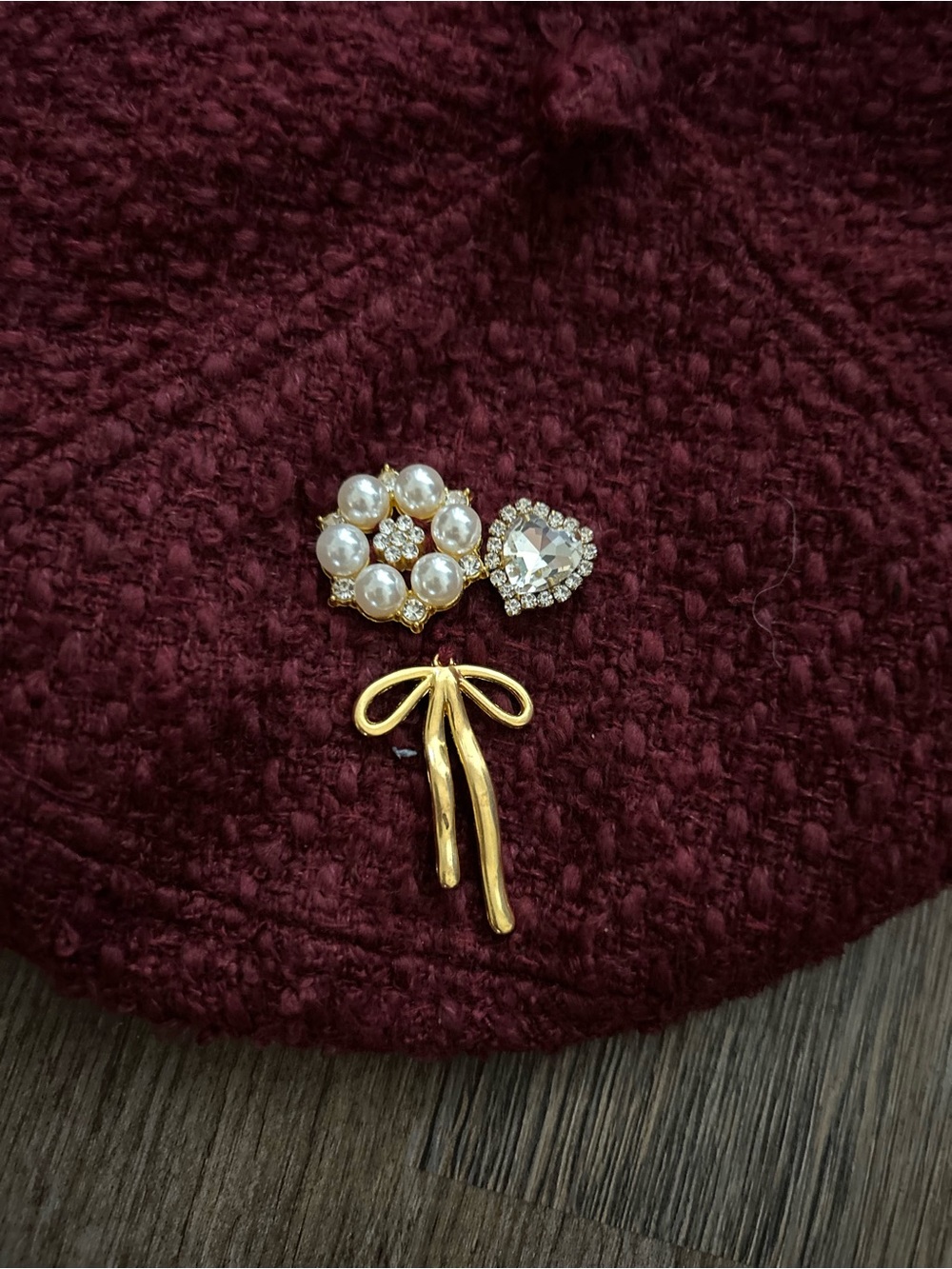 Women's Burgundy Knit Beret with Floral Brooch Accent - Picture 3 of 5